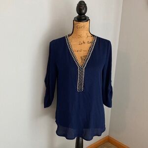 Nikimoto Navy V-Neck Blouse with Chain-Trim Details Women Size Small